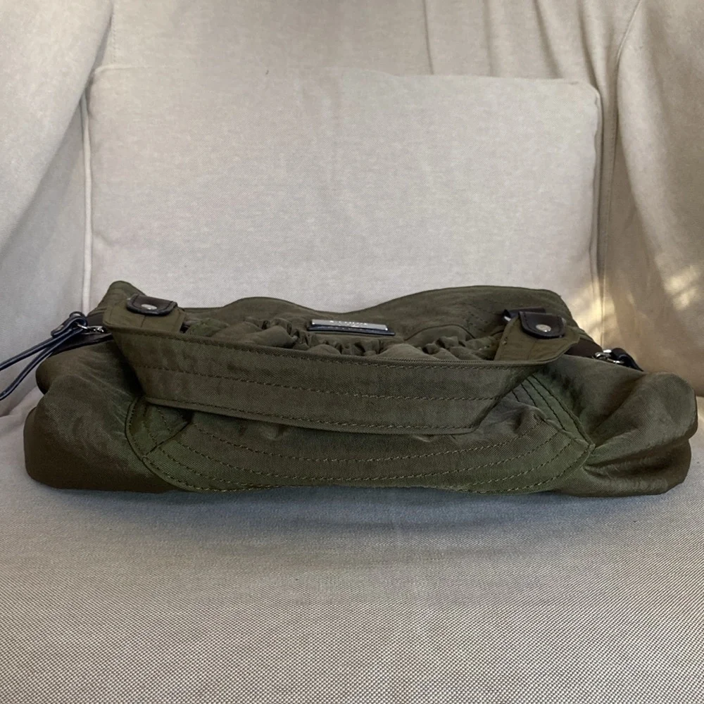 Bonnie Collection Olive Green Large Canvas Bucket Tote Bag w/Brown Leather Trim
